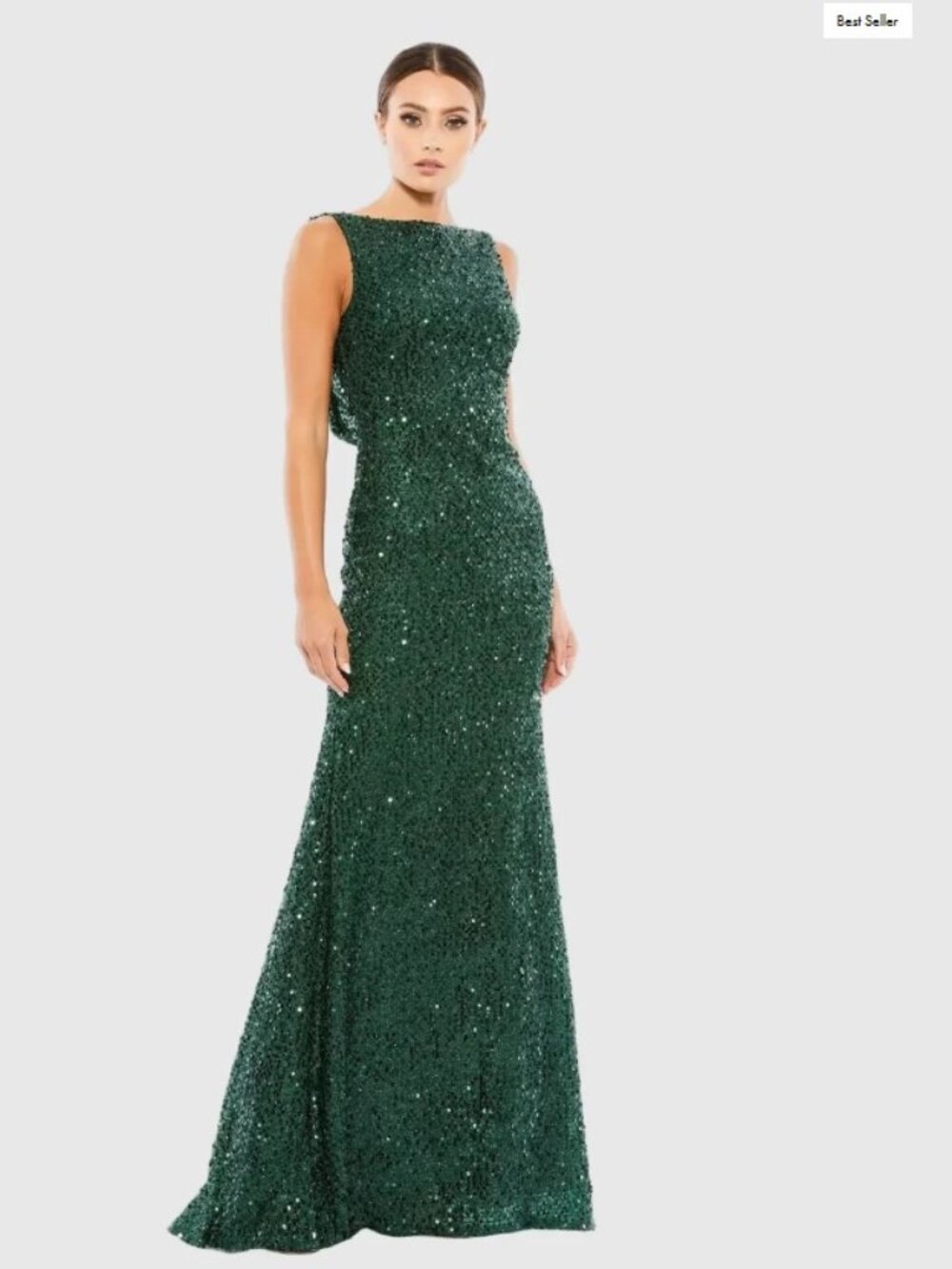 Mac Duggal Cowl Back Boat Neck floor length evening gown emerald green sequins